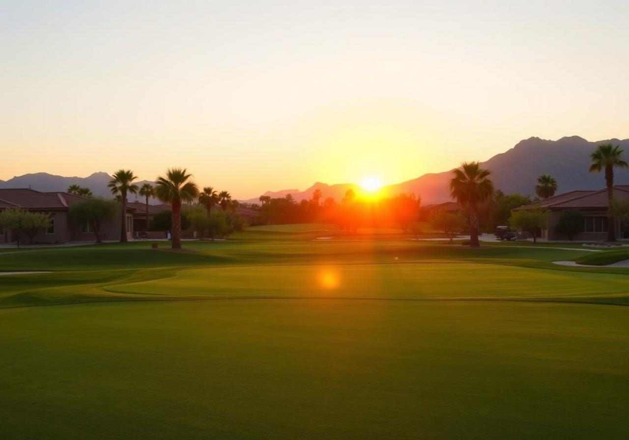 Sun City West golf course at sunrise with mountain backdrop