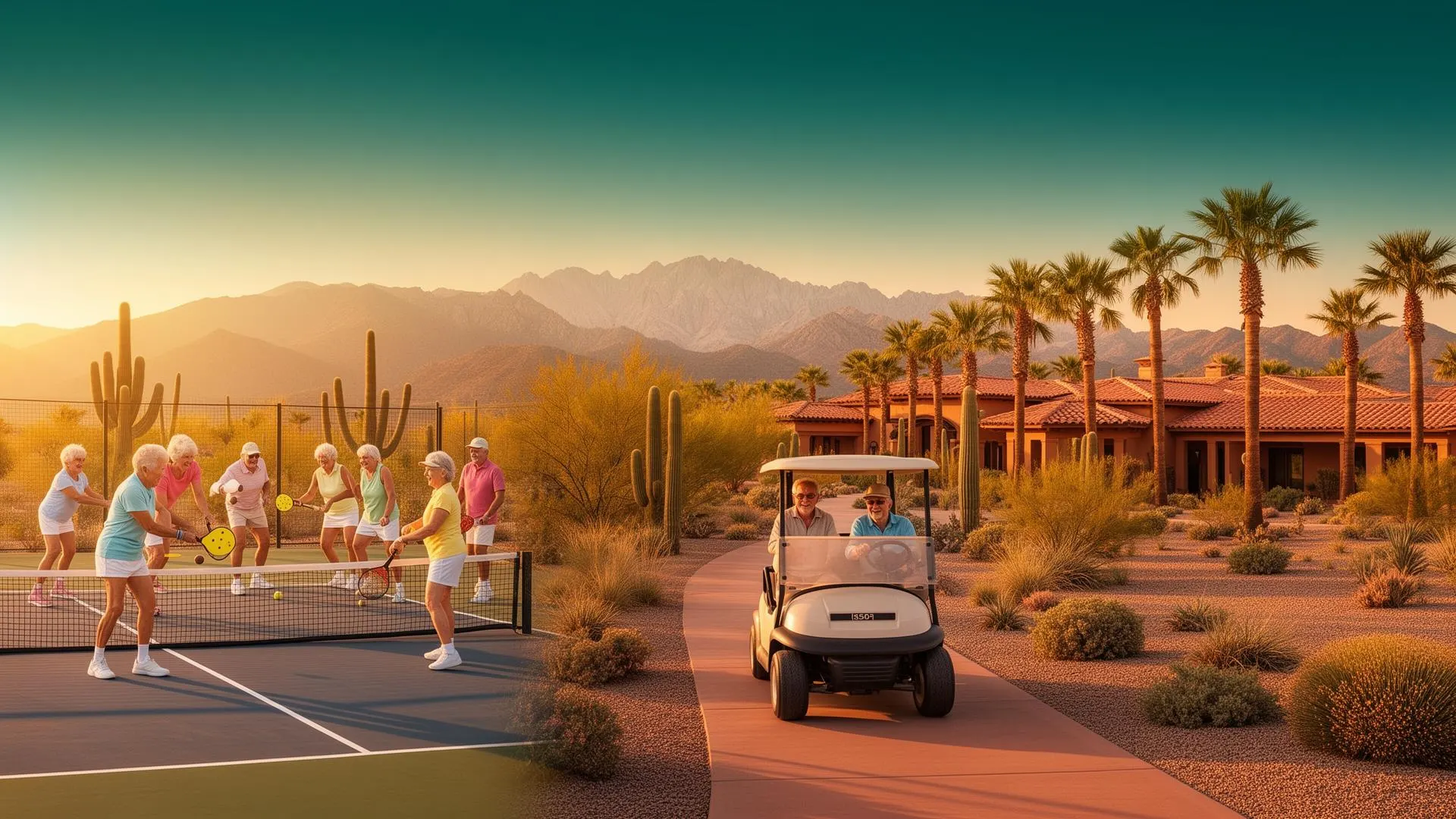 Active 55+ adults playing pickleball and riding a golf cart at golden hour with the White Tank Mountains and Spanish-tile Arizona homes in the background
